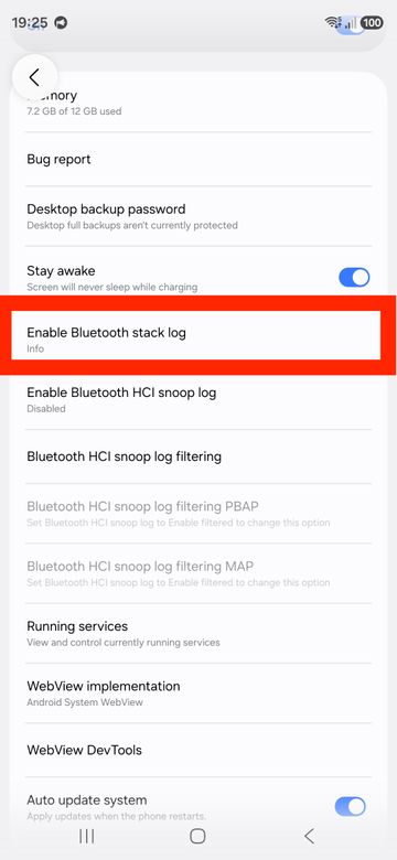 Android Developer Options screen with Bluetooth HCI snoop log enabled