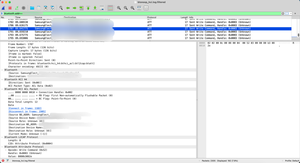 Wireshark showing a Bluetooth HCI capture with BLE ATT and GATT packets